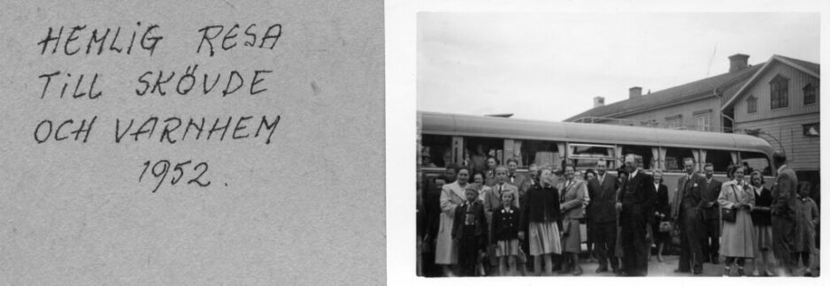 Människor utanför buss vid hemlig resa till Skövde och Varnhem 1952
