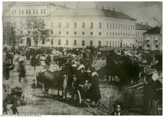 Stor samling människor och djur på marknad.