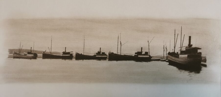 Fem skepp i hamn, sepiaton.