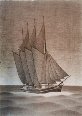 Segelbåt på stormigt vatten, brunskala.