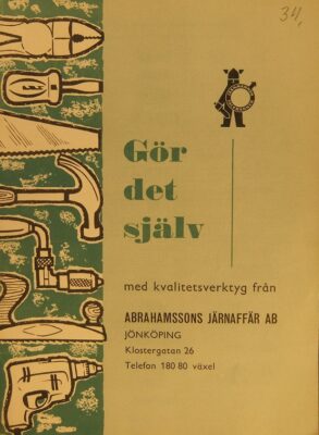 Grönbrun broschyr med kontaktuppgifter till järnaffären och texten "Gör det själv".