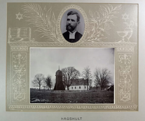 Foto på kyrka och klockstapel. Ovanför ett porträtt på en präst med skägg.