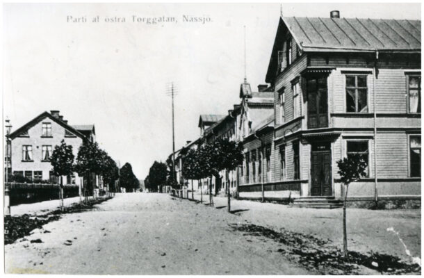 En gammal stadsgata bestående av grus eller jord med unga träd planterade i allé. Gatan omgärdas av bebyggelse.