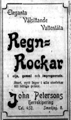 "Eleganta välsittande vattentäta Regn-Rockar", samt material och kontaktuppgifter.