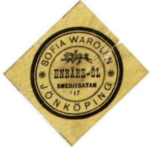 Papper i diamantform med text "Sofia Warolin Enbärs-öl Smedjegatan 17 Jönköping".