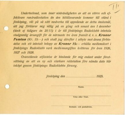 Gulnat dokument rörande medlemskap från 1925.