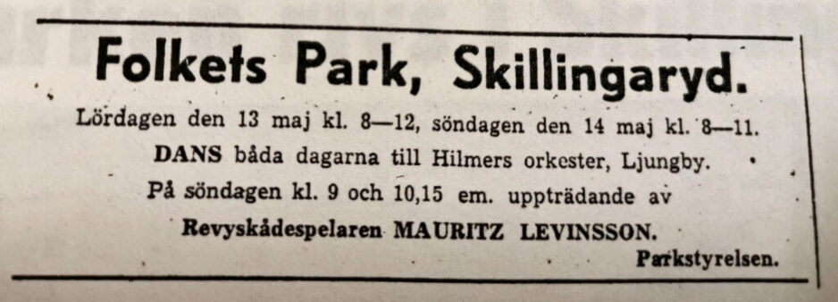Tidningsnotis om dans i Folkets Park, Skillingaryd.