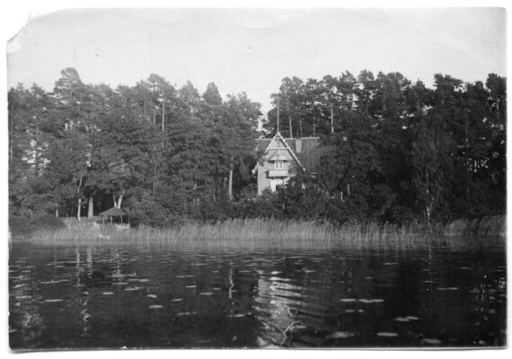 Villa tittar fram bland träd och vass, vy från ute i sjön. 