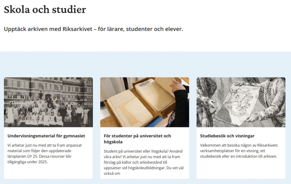 Skola och studier-sida på Riksarkivet.
