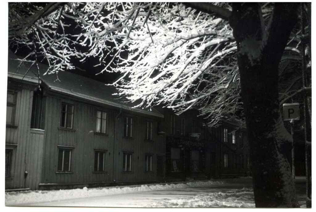 Träds snötäckta grenar starkt upplyst underifrån vid en snöig gata kantad av trähus.