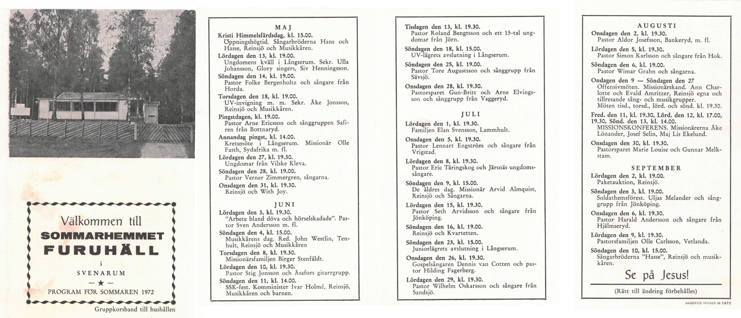 Program för sommarhemmet för maj-augusti 1972.
