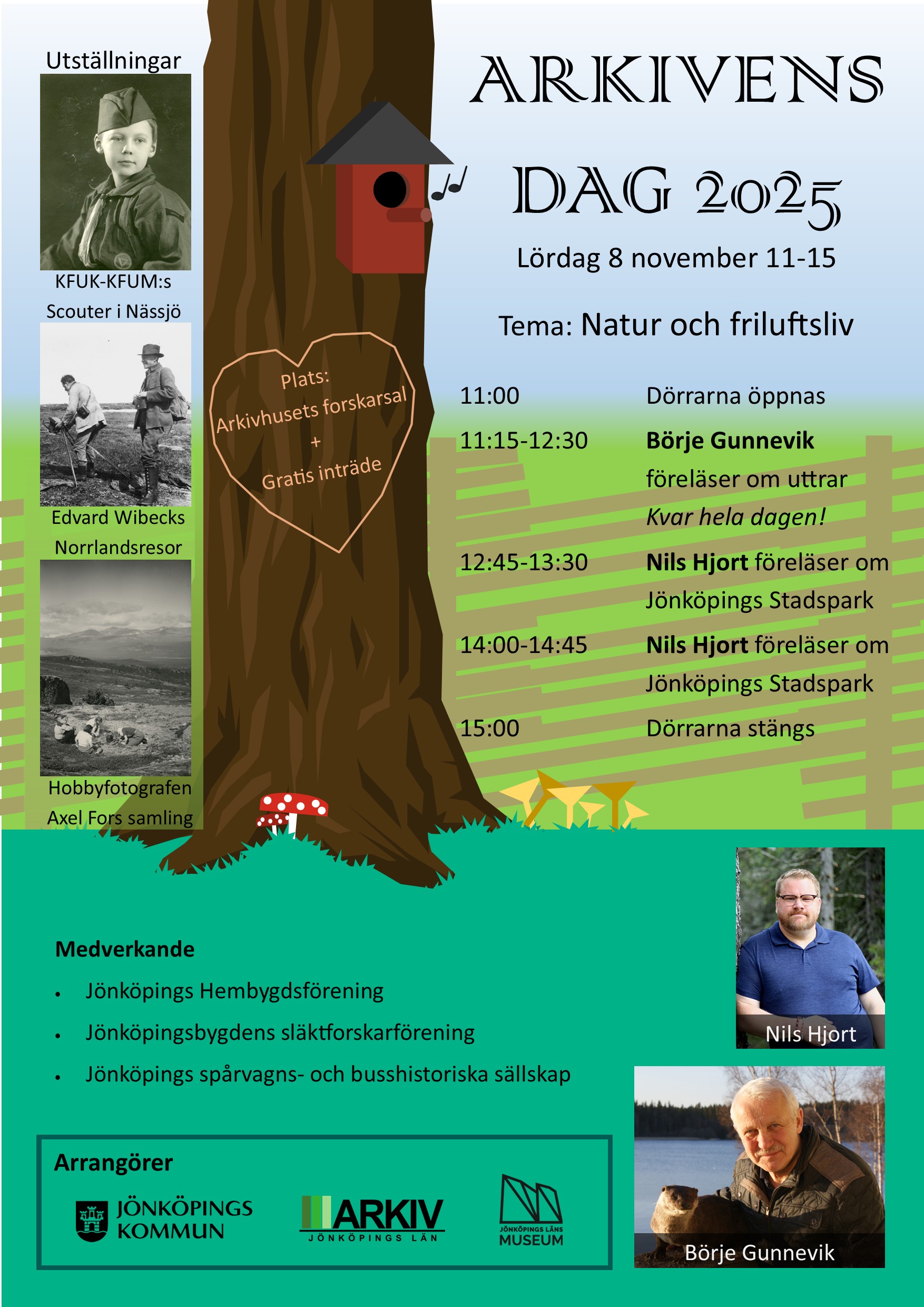 Affisch Arkivens dag 2025 lördag den 8 november kl 11-15 med tema Natur och Friluftsliv, i arkivhusets forskarsal, gratis inträde.
