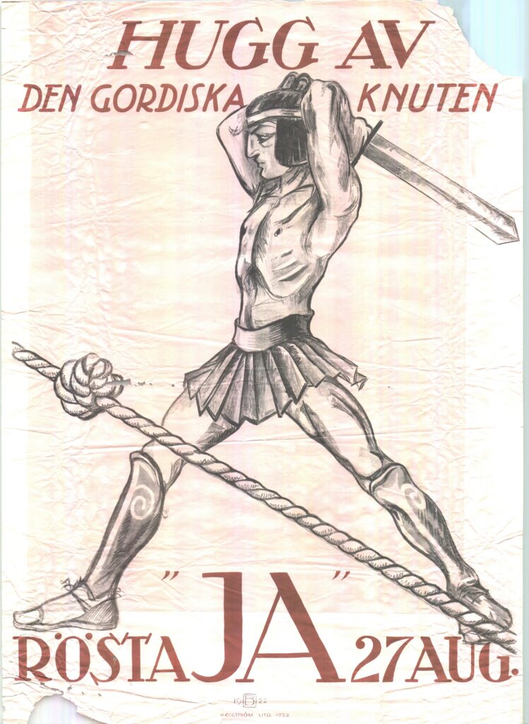 Tecknad affisch av lättklädd man som är i färd att hugga av en knut, med texten "hugg av den gordiska knuten".