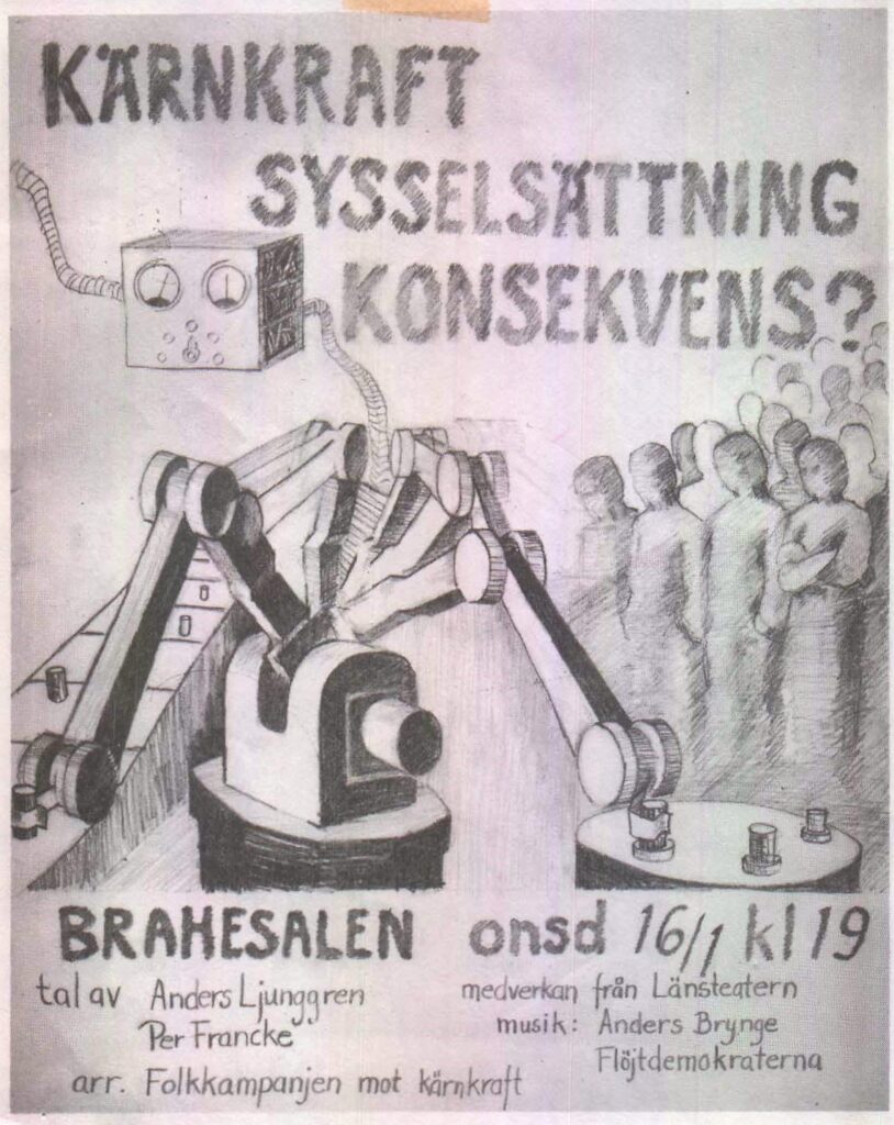 Tecknad affisch med robot som arbetar i fabrik med en ansiktslös sysslolös massa människor bakom, med texten "Kärnkraft sysselsättning konsekvens?"