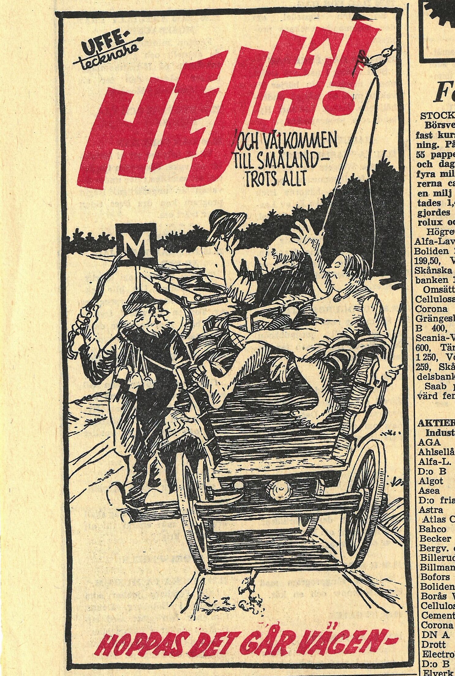 Tecknad bild ur tidning om högertrafikomläggningen.