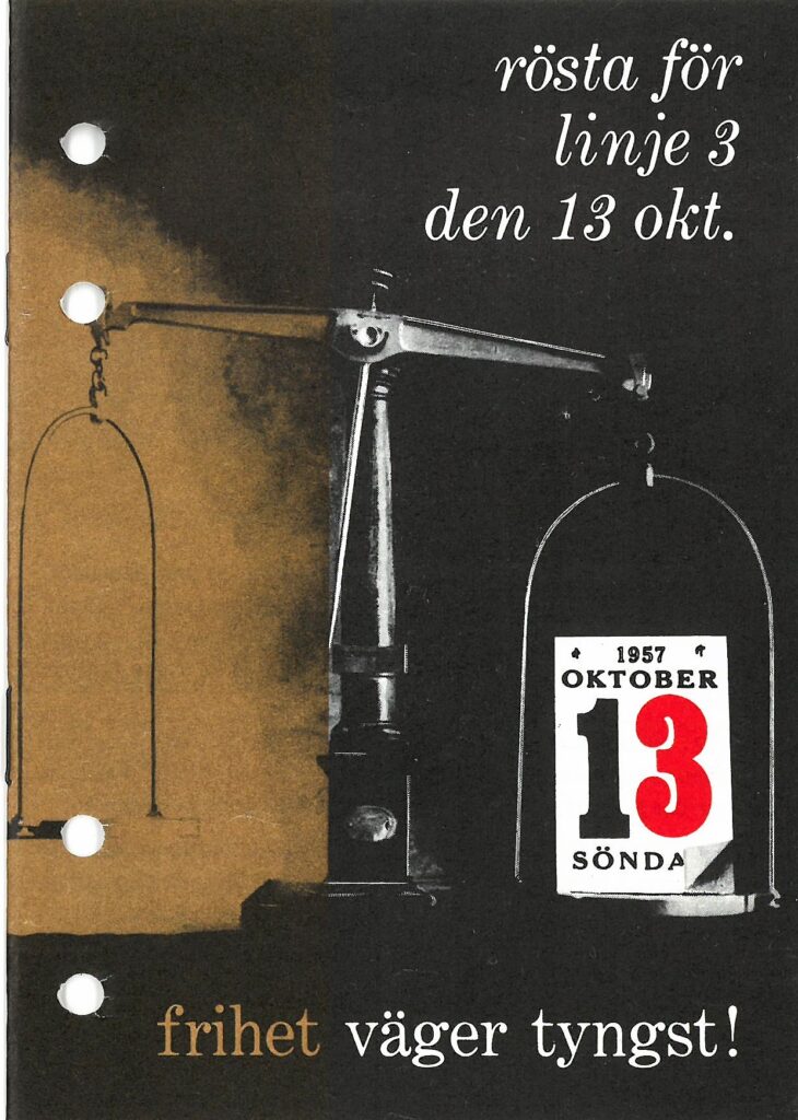 Affisch för linje 3 i pensionomrötsningen, med bild av våg som väger ner åt sidan med omröstningens datum på, med texten "frihet väger tyngst".