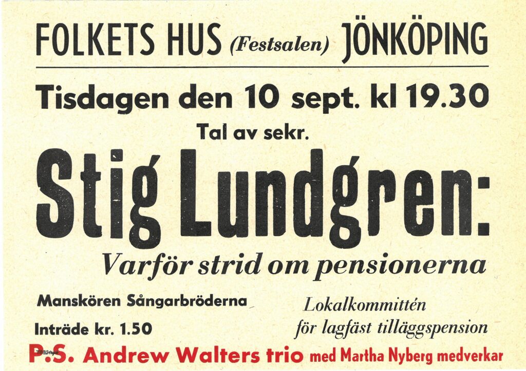 Meddelande om möte i folkets hus i Jönköping angående pensionsomröstningen, med talare Stig Ljunggren och musik.