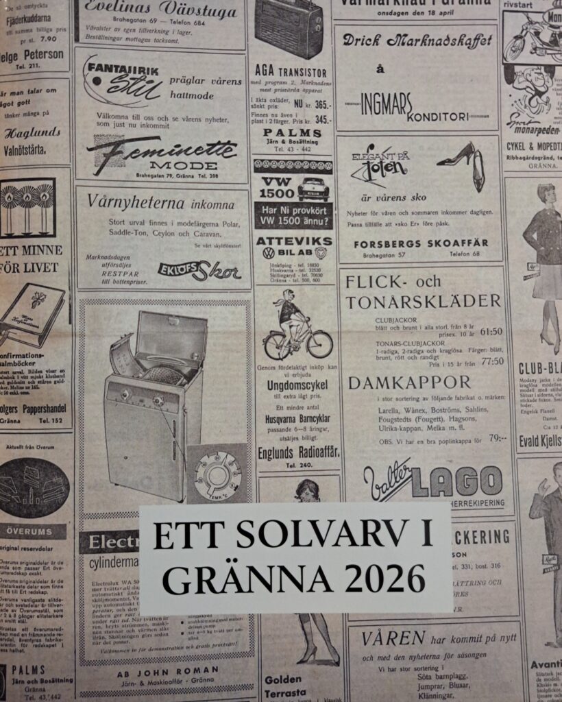 Framsida på boken Ett solvarv i Gränna 2026 med bild av äldre tidningssida.
