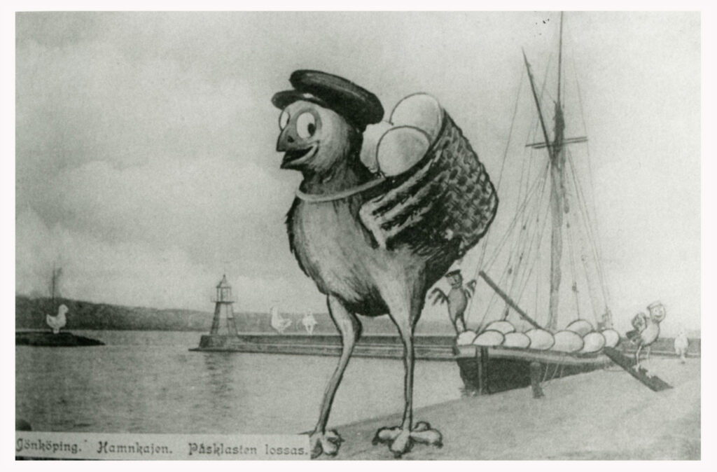 Påskkort av bisarrt långbent kyckling med mössa som lastar av ägg från en båt i hamnkajen i Jönköping.