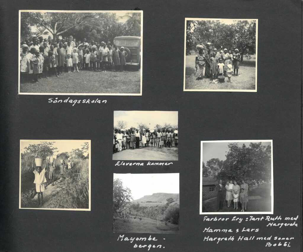 Sida ur fotoalbum med sex st foton från Kongo, varav några grupper och många barn, texterna söndagsskolan, eleverna kommer, Mayombebergen, och Farbror Ery och Tant Ruth med mamma & Lars Margreth Hall med sonen Bobbi.