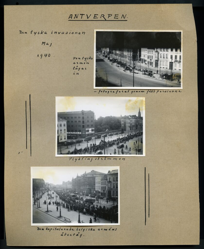 Sida ur fotoalbum med tre foton på vilka marscherar soldater.