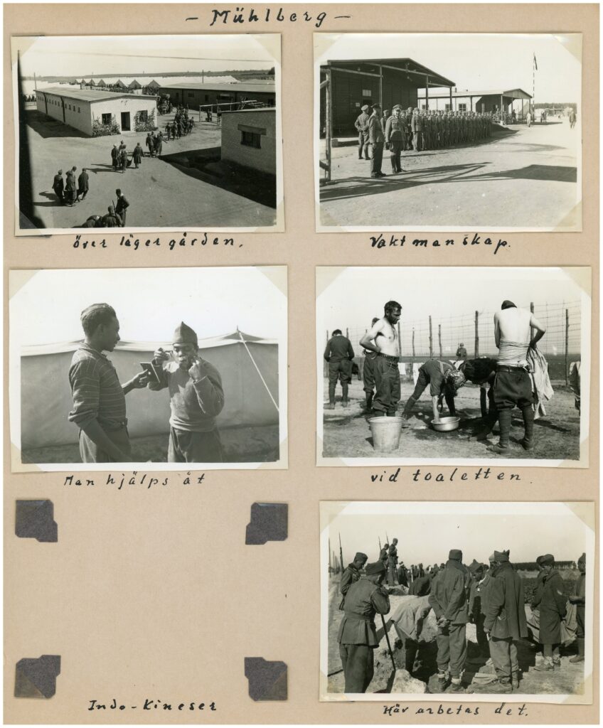 Sida ur fotoalbum med fem foton föreställande scener ur fångläger.